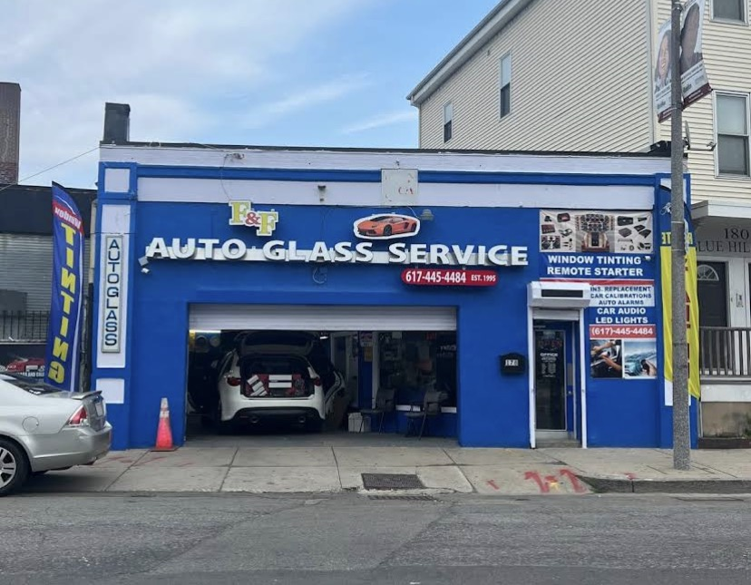 F&F Auto Glass Service storefront on Blue Hill Ave, Boston